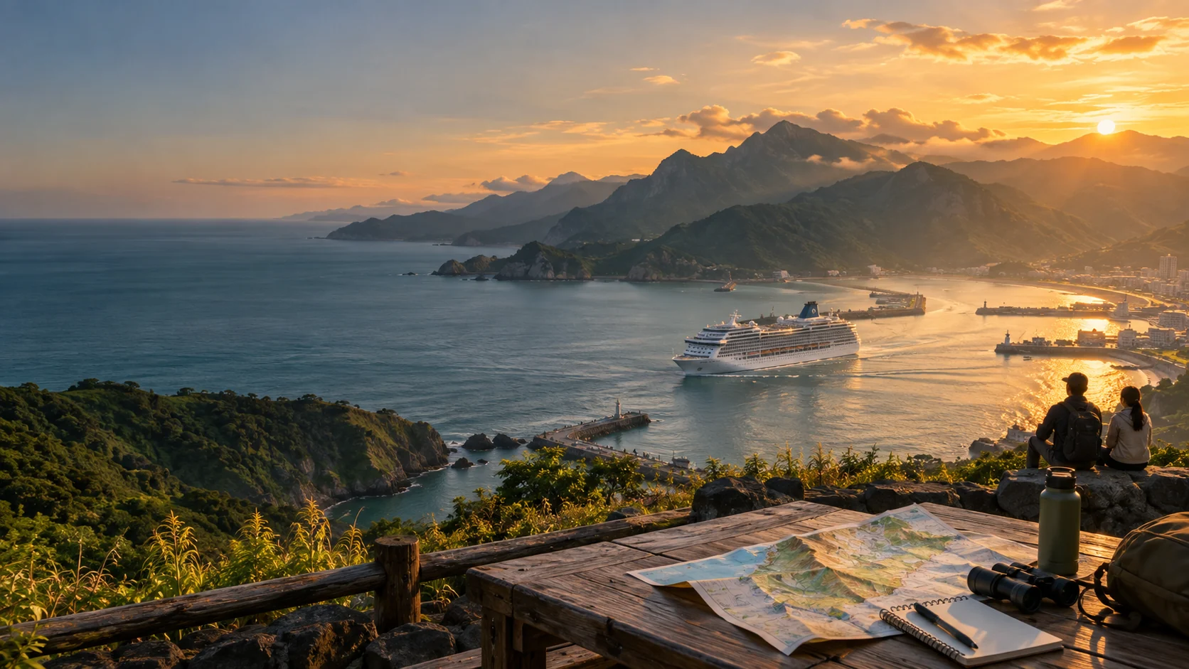 山海港灣、郵輪與旅遊規劃桌，象徵從自然景觀到旅遊產業的專題探索